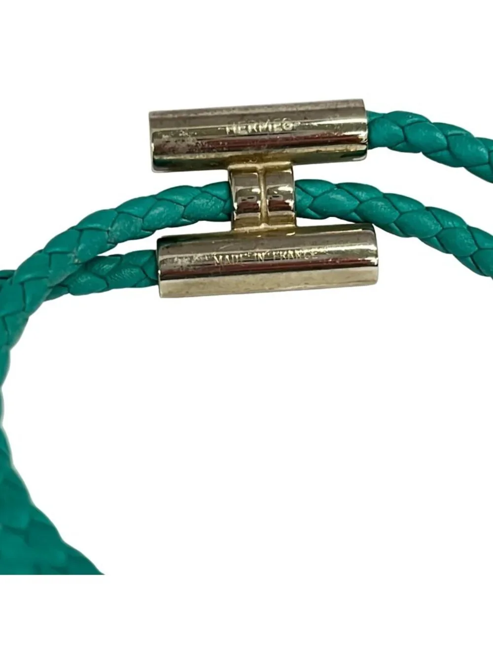 Hermes Bangle Tournis Leather Blue Silver Braid Bracelet